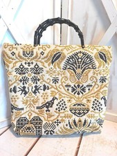 Vintage Tapestry Purse Carpet Handbag Plastic Handles Mustard Yellow/Black/Cream