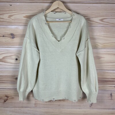 Wego Sweater Womens Free Size Ivory Ribbed Distressed Grunge Y2K Slouchy
