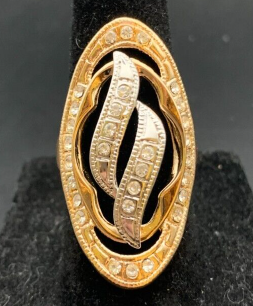 Vintage Antique Gold Tone Rhinestone CZ Cocktail Ring - Size 6