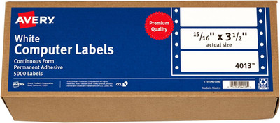 White Computer Labels, 15/16'' X 3-1/2'', Dot Matrix and Pin-Feed Printers, 5,000