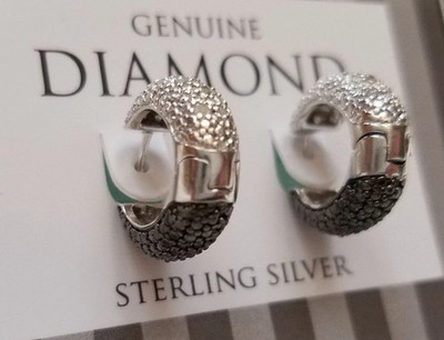 ECHTE DIAMANT SCHWARZ & WEISS 925 STERLINGSILBER DAMEN HUGGIE CREOLEN OHRRINGE