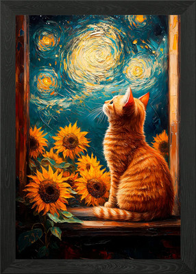Katze blickt in Sternennacht Gemälde gerahmt Wandbild Poster Leinwanddruck Bild