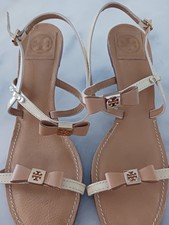 Tory Burch  Kailey Bow Kitten Heel Sandals 9.5 Cream/Tan Leather Logo
