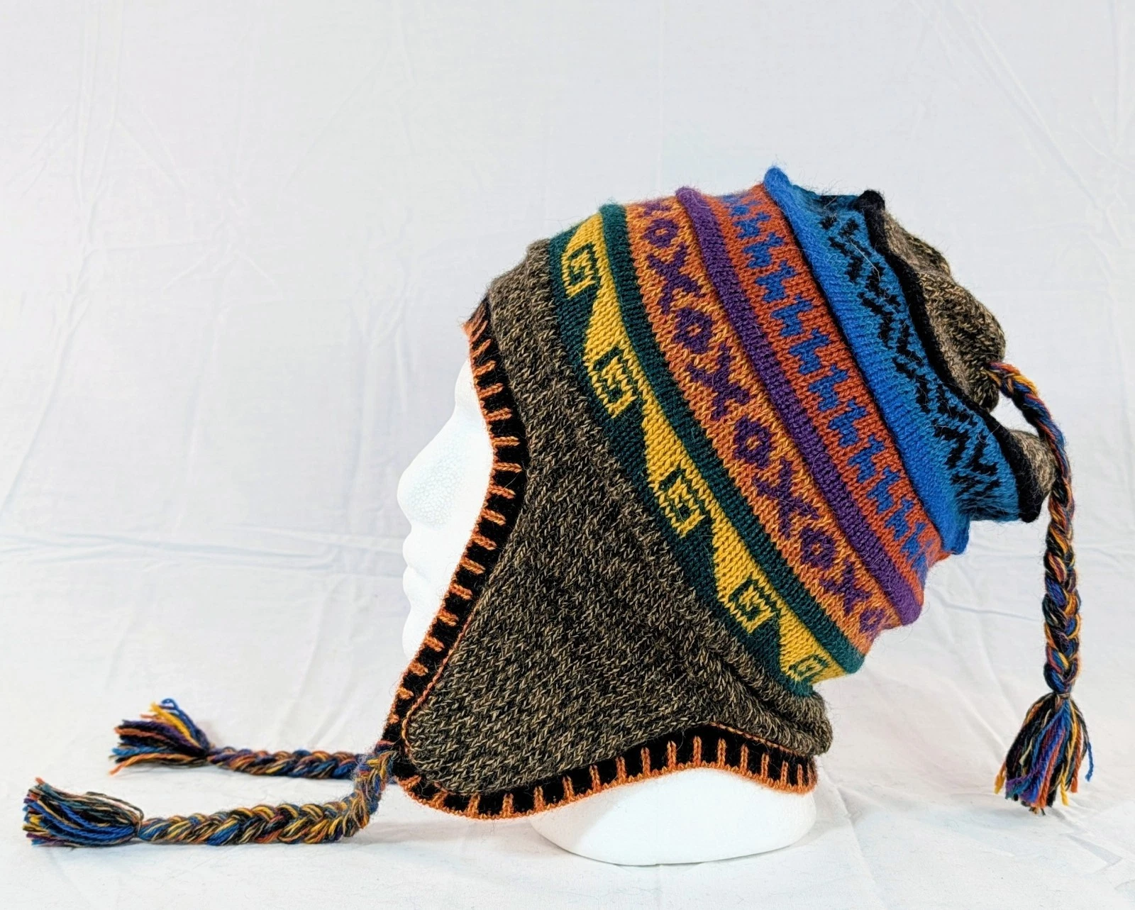Soft Baby Alpaca Reversible Chullo Beanie Brown White Unisex Colorful Boho Peru