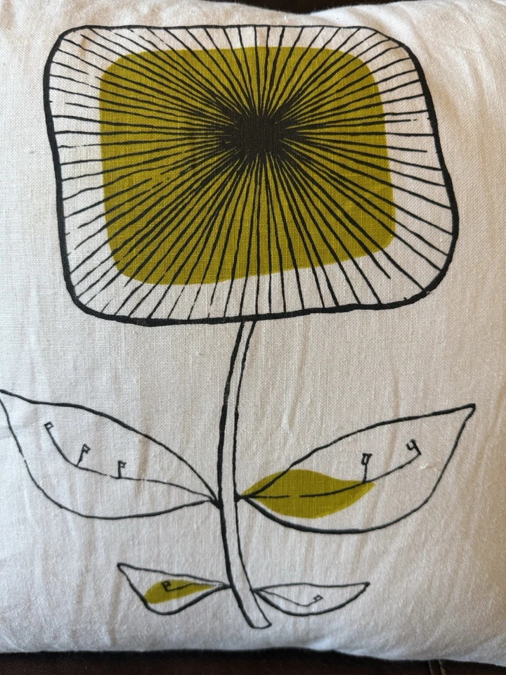 Modern Linen Floral Pillow 20x20 Mustard Yellow Black Print w/ Feather Insert - Image 2 of 4