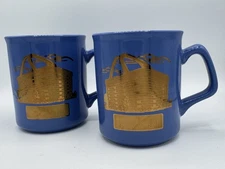 Longaberger Basket Building Vintage Blue & Gold Coffee Mugs M WARE 8oz