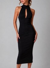 NWT ALIX NYC Milla Black Ribbed Halter Bodycon Midi Dress Keyhole L Made In USA