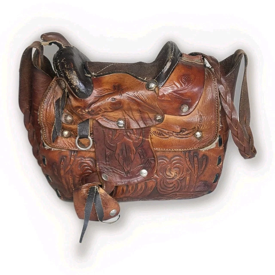 Vintage Saddle Bag Purse Tooled Leather Stirrups Horse Theme Mexico - Photo 4/4