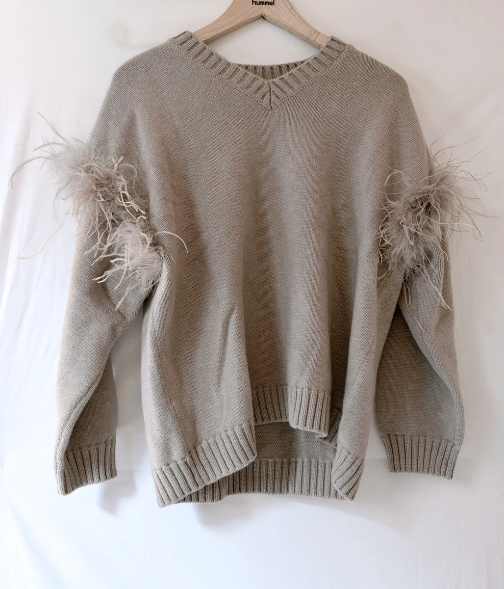 Zara Mink 100% Wool Chunky Knit Oversized V-neck Feather Trim Sweater Jumper NEW