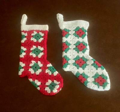 VTG Handmade Christmas Stocking Lot Red White & Green Granny Squares Cottagecore