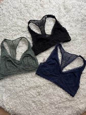 Lot of 3 Victoria Secret Sz M Lace Bralette Racer Back Pullover Black Blue Green