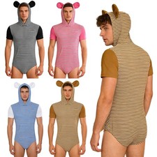 Mens Nightwear Leotard Pajamas Button Crotch Jumpsuit Homewear Striped Sleep