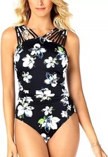 Swim Solutions Strappy Tummy-Control One-Piece Swimsuit Black/White Floral 16