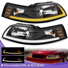Pair Blk Headlights Wled Drl Sequential Turn Signal For 1999-2004 Ford Mustang