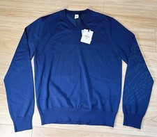 Berluti Scritto Wool V-Neck Long Sleeve Sweater Blue Made in Italy Blue New