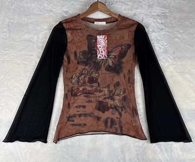 Romwe Top Small Fairy Grunge Bell Sleeve Hippie Whimsigoth Butterfly Y2K Sheer