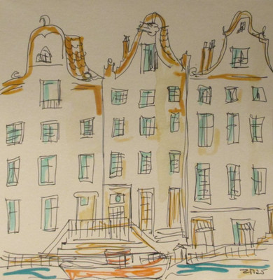 Altstadt am Wasser Original Zeichnung Atelier Düsseldorf urban sketch 20x20
