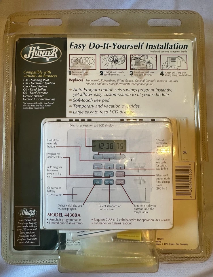 HUNTER Set & Save 300 7-Day Digital Programmable Thermostat White 44300A NIP New - Image 2 of 4