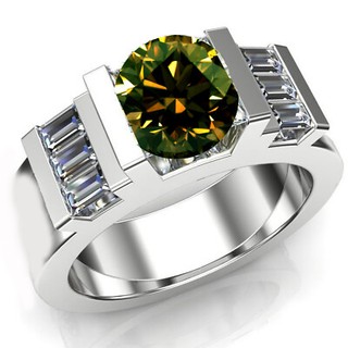 3.10Ct Vvs1 Brown White Round Moissanite Diamond & Baguette Silver Men's Ring