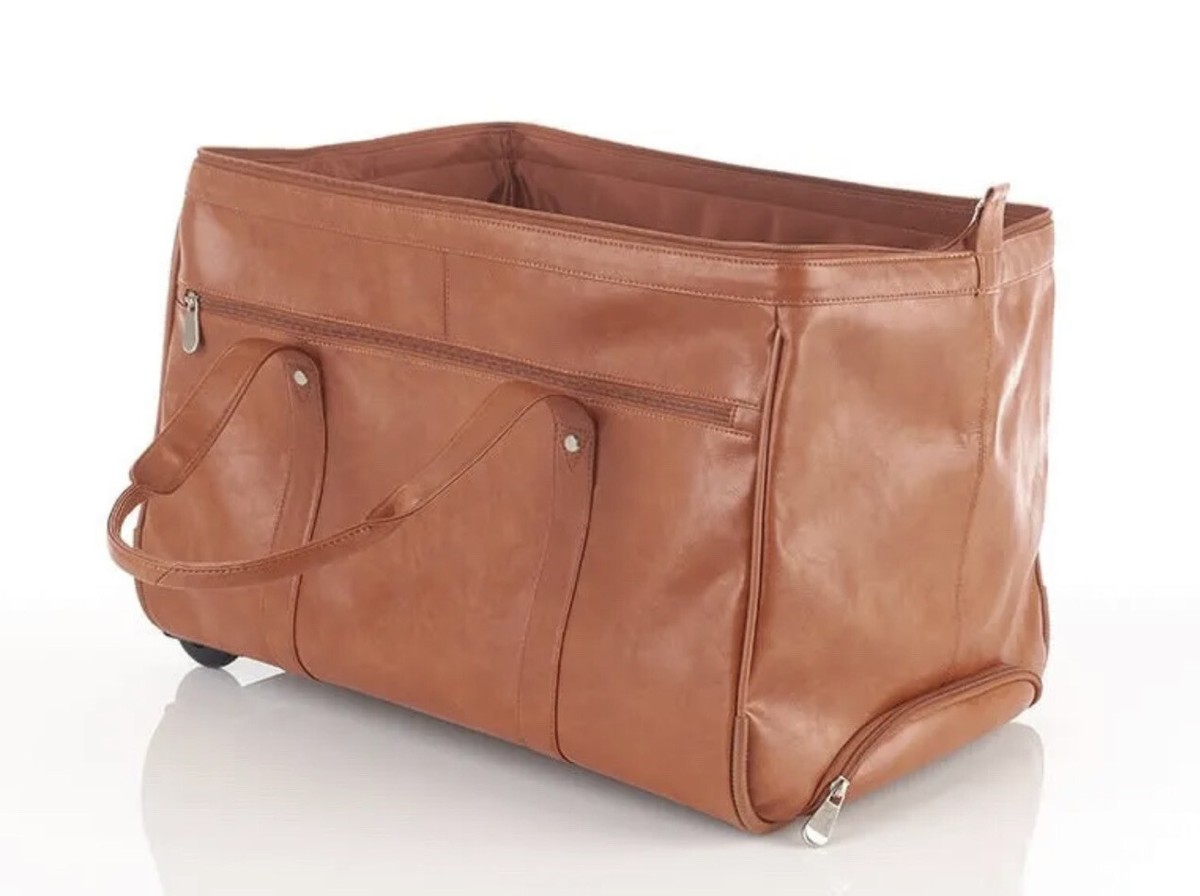 Used Kluge Sharper Image Wide Mouth Duffel Bag Cowhide Leather Brown TAN