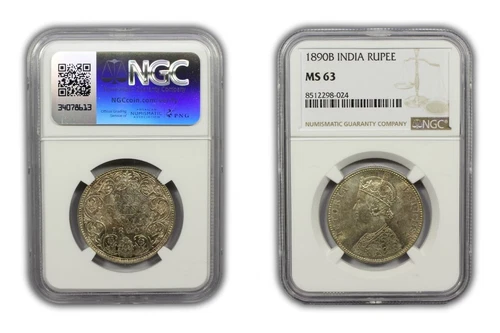 1890 B British India Silver Rupee Coin NGC MS63