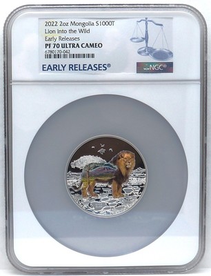 2022 Mongolia 2oz Silver 1000T LION INTO THE WILD NGC PF70
