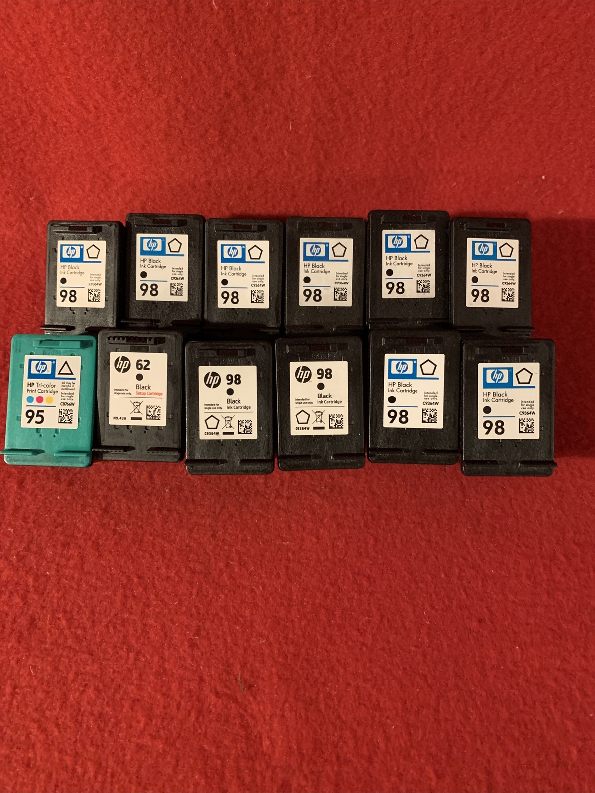 Lot of 12 EMPTY Printer Ink Cartridges Color 95 Black HP 98 62 Virgin