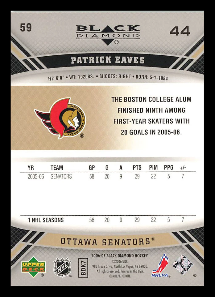 Patrick Eaves #59 2006-07 Upper Deck Black Diamond Ottawa Senators - Image 2 of 2