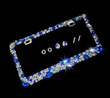 3D Bling Clear Blue Rhinestones License Plate Frame Cover Crystals Diamond