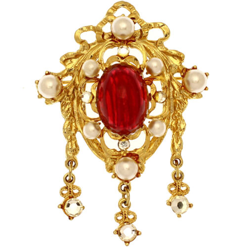 Vintage Signed Craft Brooch Pin Victorian Style Rhinestone Pearl Glass Ruby Red