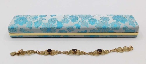 Vintage Sentiment 14k L Gold Overlay Genuine Garnet Red stone filigree bracelet - Picture 17 of 24