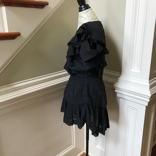 LoveShackFancy Natasha Mini Abito Donna XS Nero Cotone Increspato Manica Corta - Foto 7 di 11