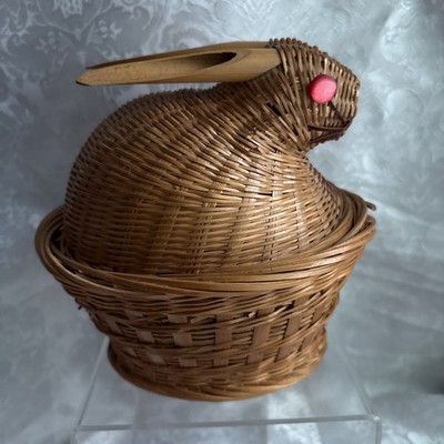 Vintage Wicker Bamboo Bunny Rabbit On A Nest Basket Red Button Eyes Easter Decor