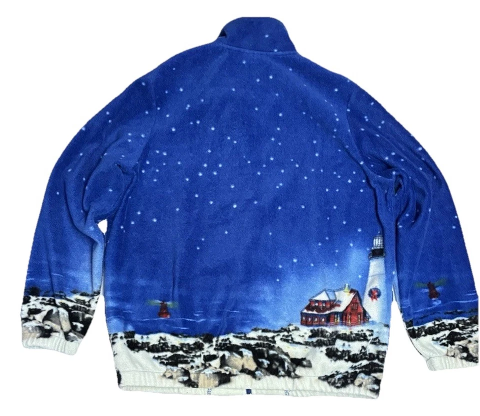 Blair Winter Coastal Fleece Jacket Red House Lighthouse Snow Boats Scenic Zip M - Image 2 of 4