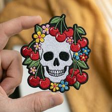Skull Cherry Embroidered Patch Cute Gothic Floral Iron On Badge