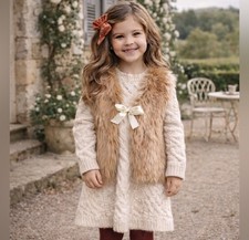 Girls Faux Fur Vest with Bow Size 120 5-7 years Camel Tan Boutique Layer