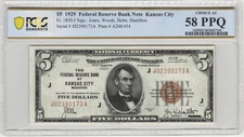 Fr.1850-J 1929 Kansas City $5 Federal Reserve Bank Note PCGS Choice AU 58 PPQ