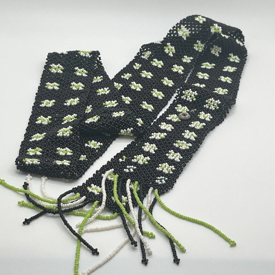 Black, white and green vintage micro hand beaded belt. It has a snap to connect. - Image 2 of 4