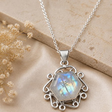 Solid 925 Sterling Silver Rainbow Moonstone Pendant Necklace Handmade Jewelry