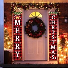 Merry Christmas Banner Porch Sign Xmas Red Plaid Hanging Banner Red Black Plaid