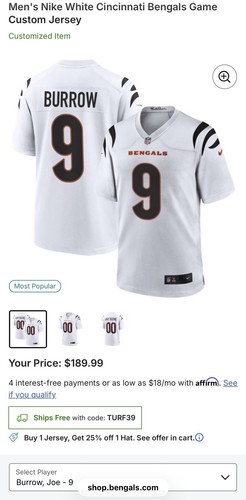 NIKE Custom Joe Burrow #9 Cincinnati Bengals White Jersey Brand New! Size XL