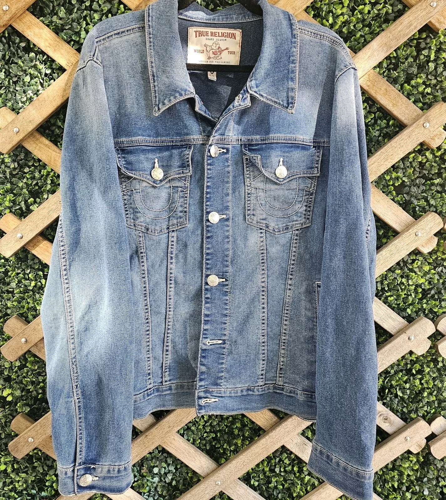 ​True Religion Jimmy Denim Jacket Mens XL Blue Horseshoe Flap Pockets Trucker  image 5