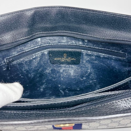 GUCCI GG Monogram Navy Grey Shelly Stripe Shoulder Bag Women PVC Leather Auth - Picture 17 of 24