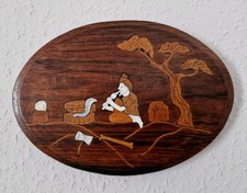 Vintage Indian Inlaid Wood & Bone Marquetry Plaque Snake Charmer, Cobra & Tree
