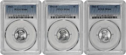 1943 P D S 1c Lincoln Steel Wheat Cent PCGS Graded MS 66 Three Coin Lot