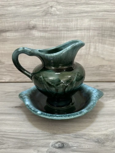 Hull Farm House Eagle Pitcher Basin Set Green Drip Glaze Pottery Home Decor VTG
