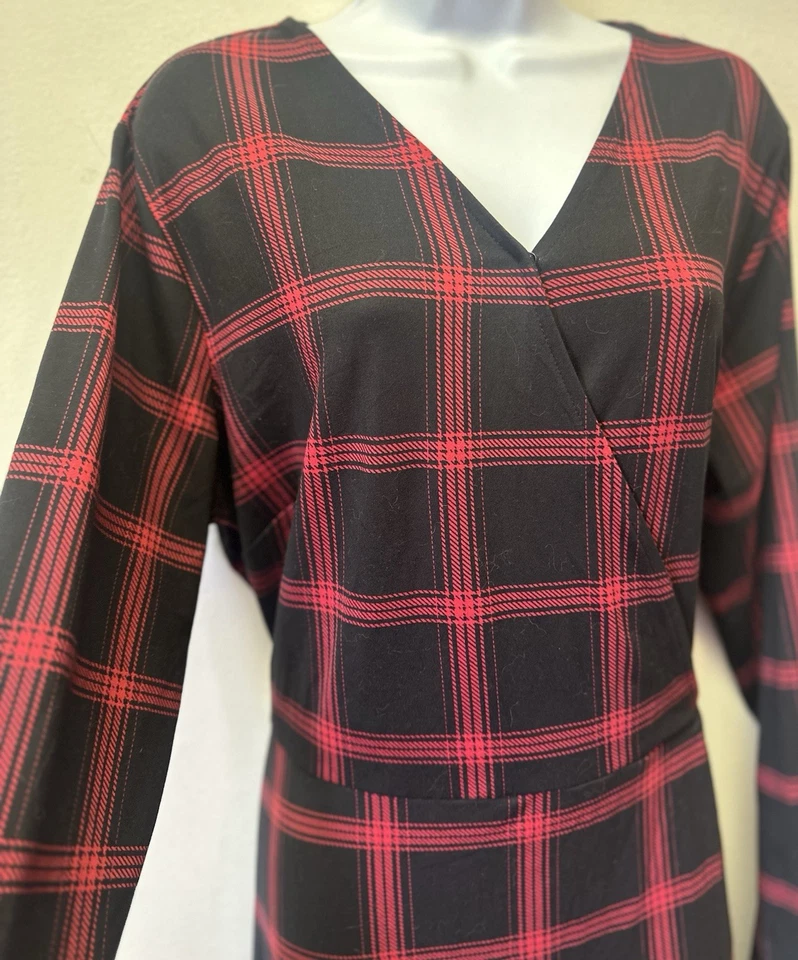 Christopher & Banks Mujer XL Rojo Negro Cuadros Mangas Largas Imitación Envoltura Corbata Trasera Foto 3 de 4