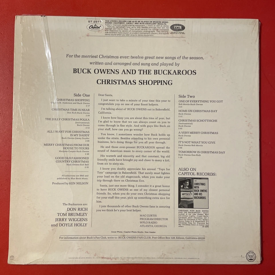 Buck Owens Christmas Shopping LP Capitol Stereo 1st Press W/ Shrink + Inner VG+ - Image 4 of 4