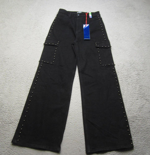 VBRT Vibrant Miu Cargo Jeans Womens 11 Black Studded Wide High Rise Denim