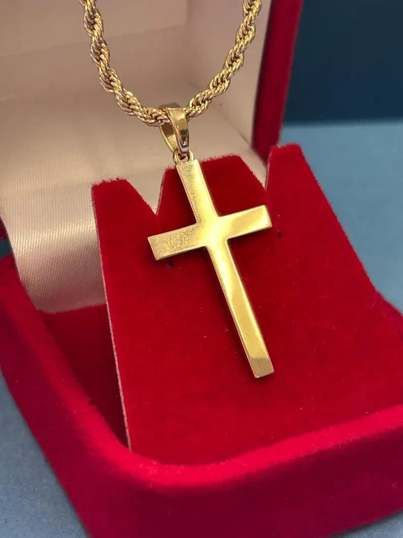 Colgante De Cruz Sencilla De Oro Amarillo De 14K Para Hombre Con Cadena De 24"
